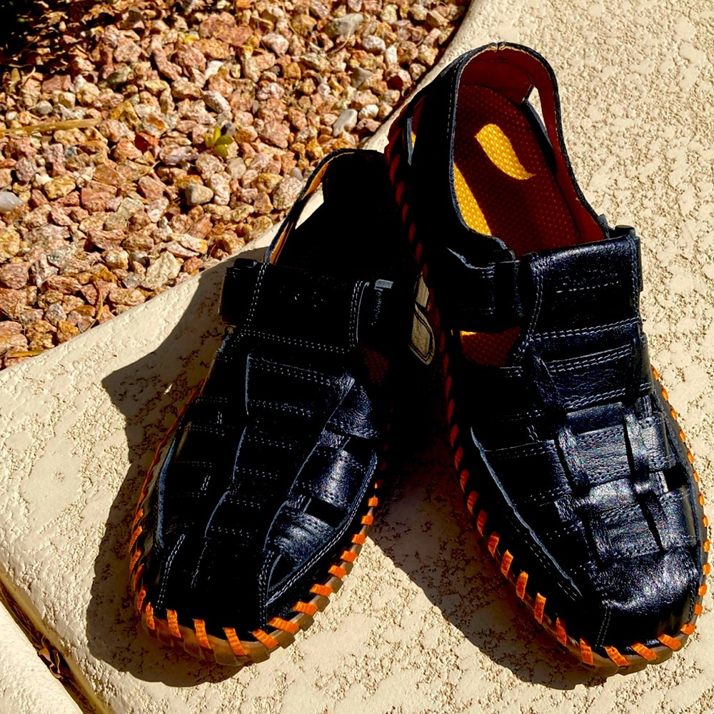 Black and Orange Slip-On Sandals with Woven Texture